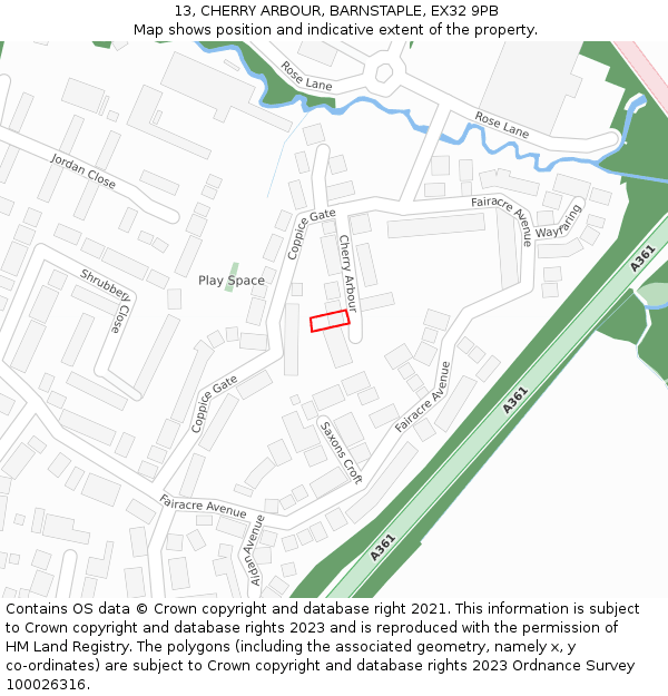 13, CHERRY ARBOUR, BARNSTAPLE, EX32 9PB: Location map and indicative extent of plot