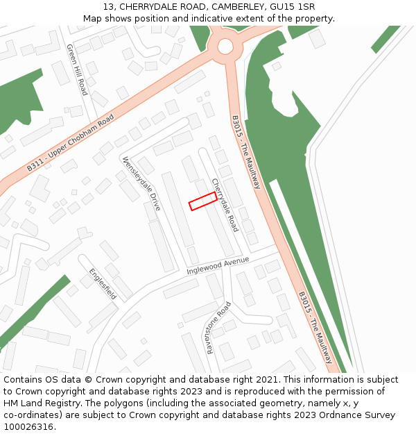 13, CHERRYDALE ROAD, CAMBERLEY, GU15 1SR: Location map and indicative extent of plot
