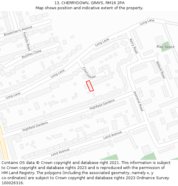 13, CHERRYDOWN, GRAYS, RM16 2PA: Location map and indicative extent of plot