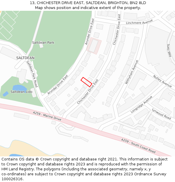 13, CHICHESTER DRIVE EAST, SALTDEAN, BRIGHTON, BN2 8LD: Location map and indicative extent of plot