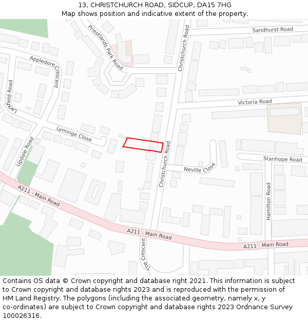13, CHRISTCHURCH ROAD, SIDCUP, DA15 7HG: Location map and indicative extent of plot