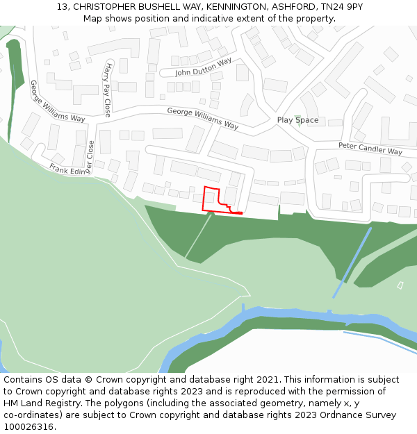 13, CHRISTOPHER BUSHELL WAY, KENNINGTON, ASHFORD, TN24 9PY: Location map and indicative extent of plot