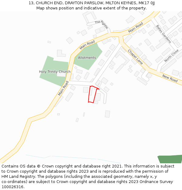 13, CHURCH END, DRAYTON PARSLOW, MILTON KEYNES, MK17 0JJ: Location map and indicative extent of plot