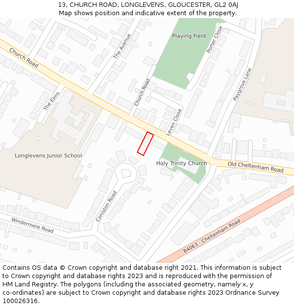 13, CHURCH ROAD, LONGLEVENS, GLOUCESTER, GL2 0AJ: Location map and indicative extent of plot
