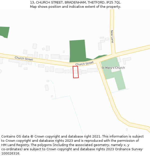 13, CHURCH STREET, BRADENHAM, THETFORD, IP25 7QL: Location map and indicative extent of plot