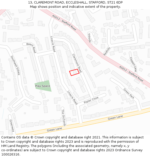 13, CLAREMONT ROAD, ECCLESHALL, STAFFORD, ST21 6DP: Location map and indicative extent of plot