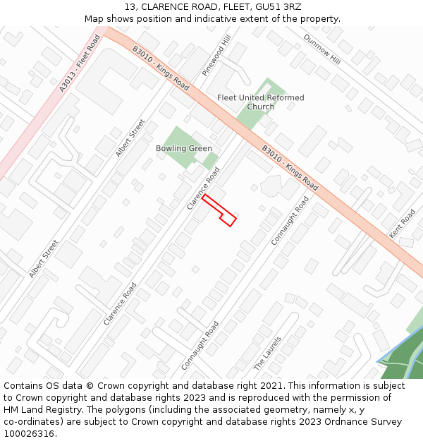 13, CLARENCE ROAD, FLEET, GU51 3RZ: Location map and indicative extent of plot