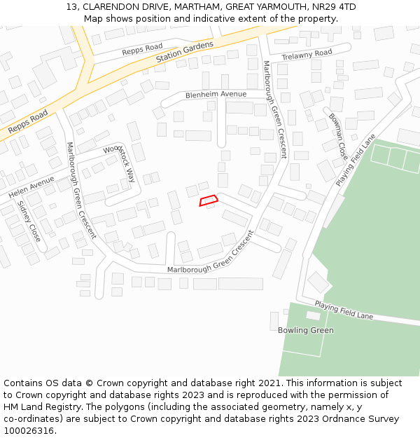 13, CLARENDON DRIVE, MARTHAM, GREAT YARMOUTH, NR29 4TD: Location map and indicative extent of plot