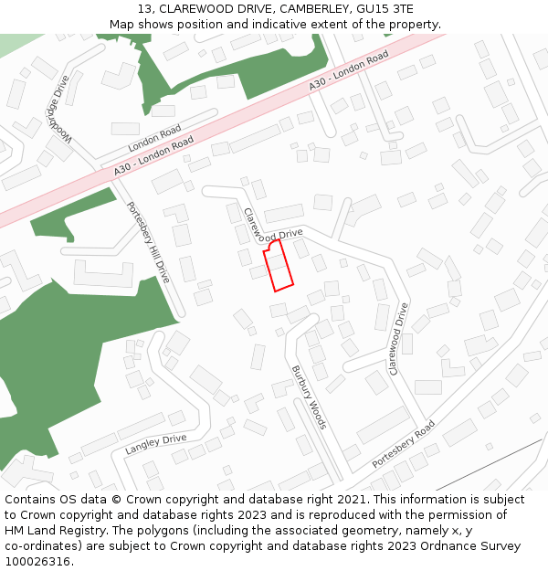13, CLAREWOOD DRIVE, CAMBERLEY, GU15 3TE: Location map and indicative extent of plot