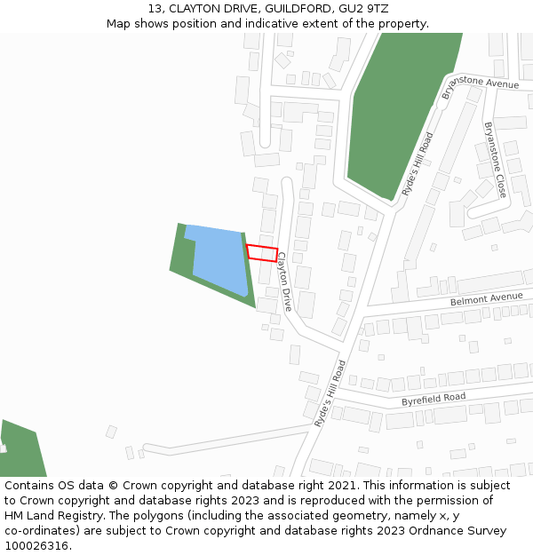 13, CLAYTON DRIVE, GUILDFORD, GU2 9TZ: Location map and indicative extent of plot