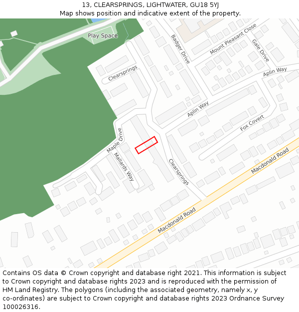 13, CLEARSPRINGS, LIGHTWATER, GU18 5YJ: Location map and indicative extent of plot