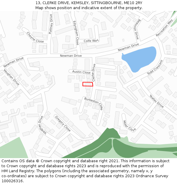 13, CLERKE DRIVE, KEMSLEY, SITTINGBOURNE, ME10 2RY: Location map and indicative extent of plot