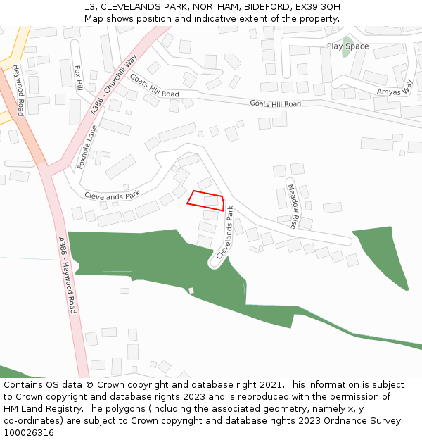 13, CLEVELANDS PARK, NORTHAM, BIDEFORD, EX39 3QH: Location map and indicative extent of plot