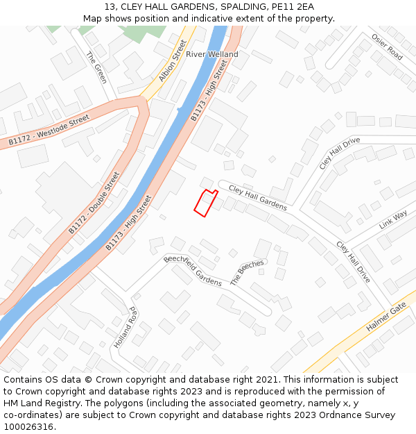 13, CLEY HALL GARDENS, SPALDING, PE11 2EA: Location map and indicative extent of plot