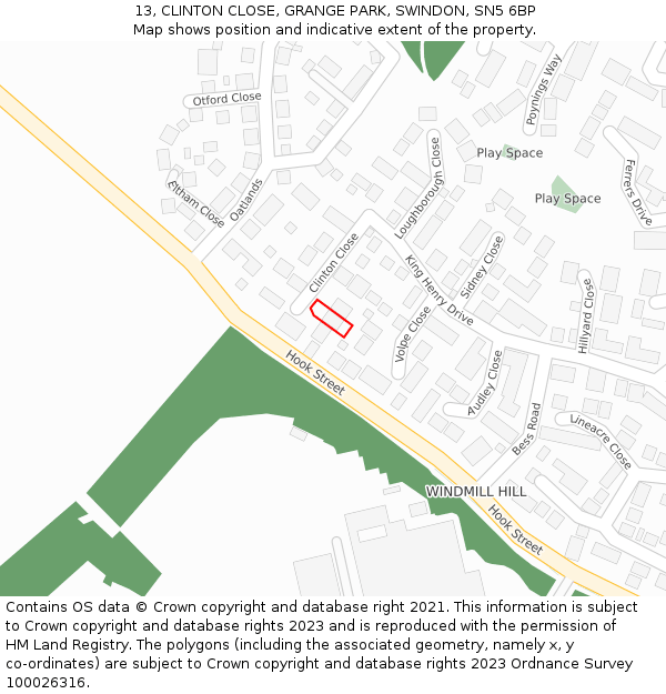 13, CLINTON CLOSE, GRANGE PARK, SWINDON, SN5 6BP: Location map and indicative extent of plot