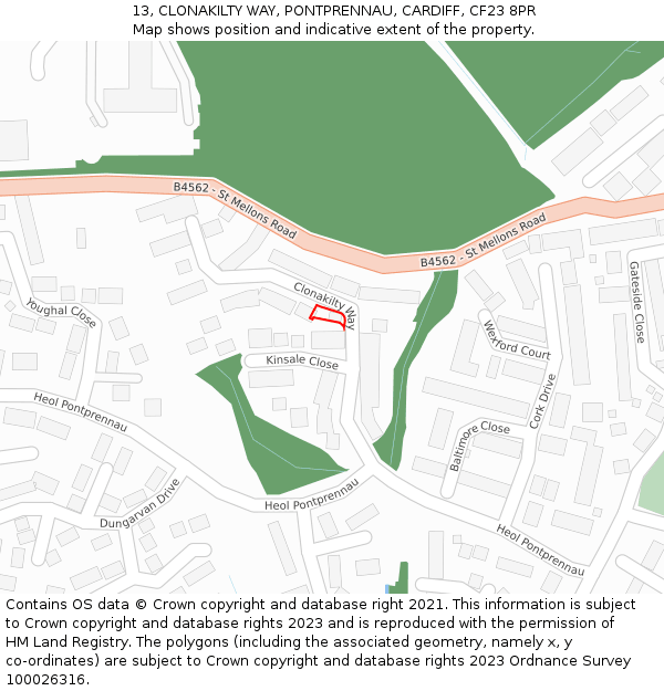 13, CLONAKILTY WAY, PONTPRENNAU, CARDIFF, CF23 8PR: Location map and indicative extent of plot