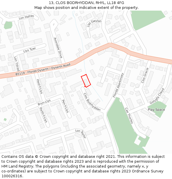 13, CLOS BODRHYDDAN, RHYL, LL18 4FG: Location map and indicative extent of plot