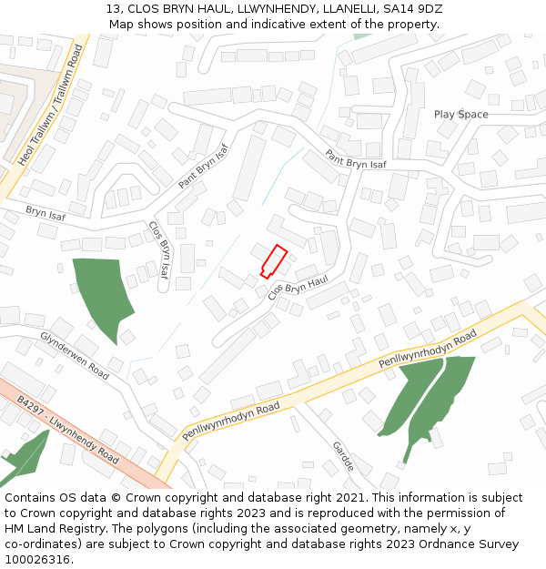 13, CLOS BRYN HAUL, LLWYNHENDY, LLANELLI, SA14 9DZ: Location map and indicative extent of plot