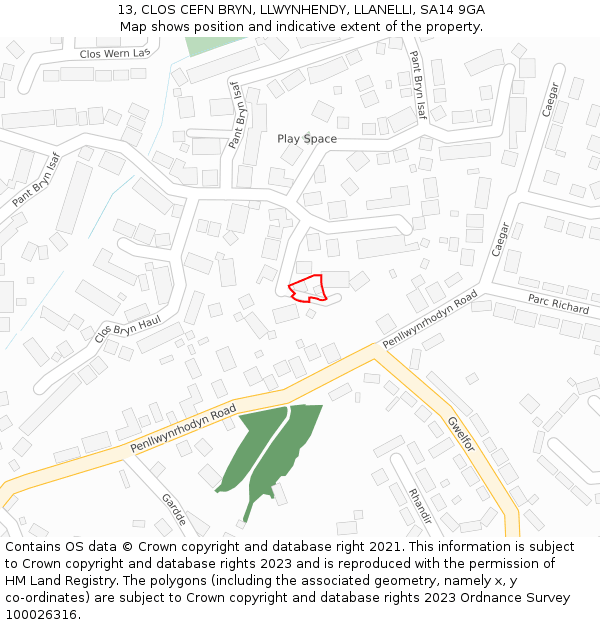 13, CLOS CEFN BRYN, LLWYNHENDY, LLANELLI, SA14 9GA: Location map and indicative extent of plot