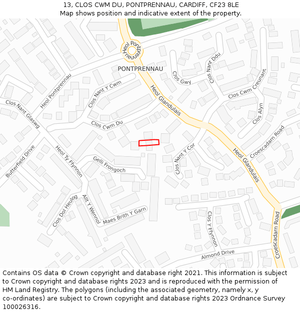 13, CLOS CWM DU, PONTPRENNAU, CARDIFF, CF23 8LE: Location map and indicative extent of plot