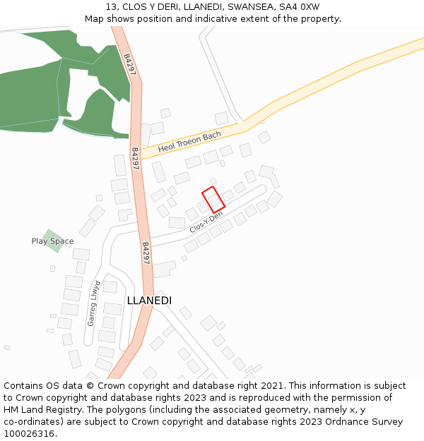 13, CLOS Y DERI, LLANEDI, SWANSEA, SA4 0XW: Location map and indicative extent of plot