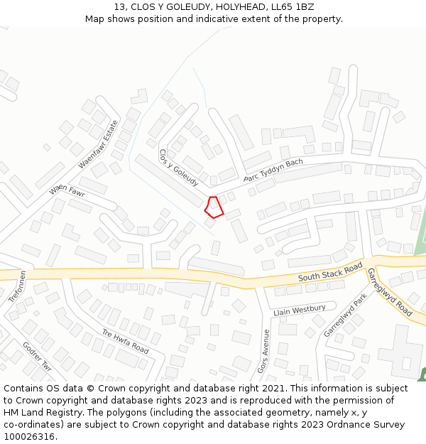 13, CLOS Y GOLEUDY, HOLYHEAD, LL65 1BZ: Location map and indicative extent of plot