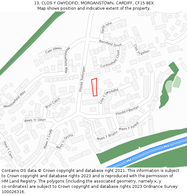 13, CLOS Y GWYDDFID, MORGANSTOWN, CARDIFF, CF15 8EX: Location map and indicative extent of plot