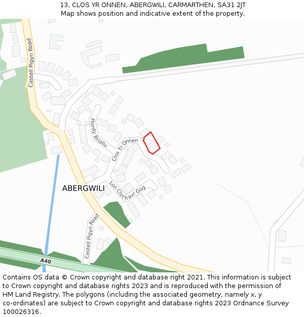 13, CLOS YR ONNEN, ABERGWILI, CARMARTHEN, SA31 2JT: Location map and indicative extent of plot