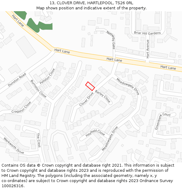 13, CLOVER DRIVE, HARTLEPOOL, TS26 0RL: Location map and indicative extent of plot
