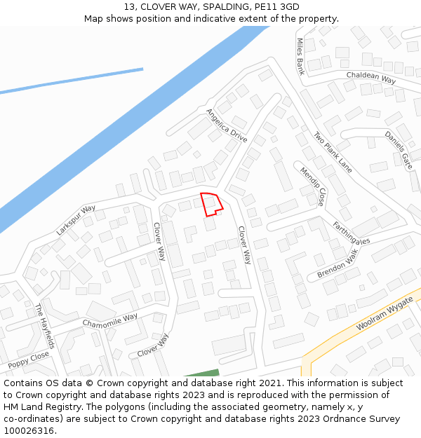 13, CLOVER WAY, SPALDING, PE11 3GD: Location map and indicative extent of plot