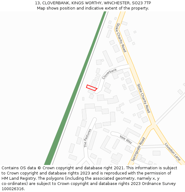 13, CLOVERBANK, KINGS WORTHY, WINCHESTER, SO23 7TP: Location map and indicative extent of plot