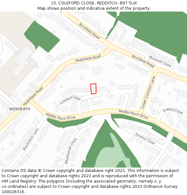 13, COLEFORD CLOSE, REDDITCH, B97 5UX: Location map and indicative extent of plot