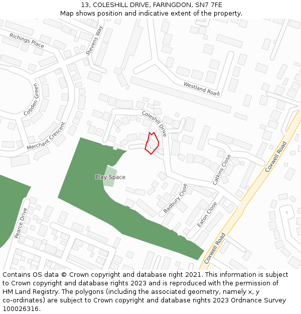 13, COLESHILL DRIVE, FARINGDON, SN7 7FE: Location map and indicative extent of plot