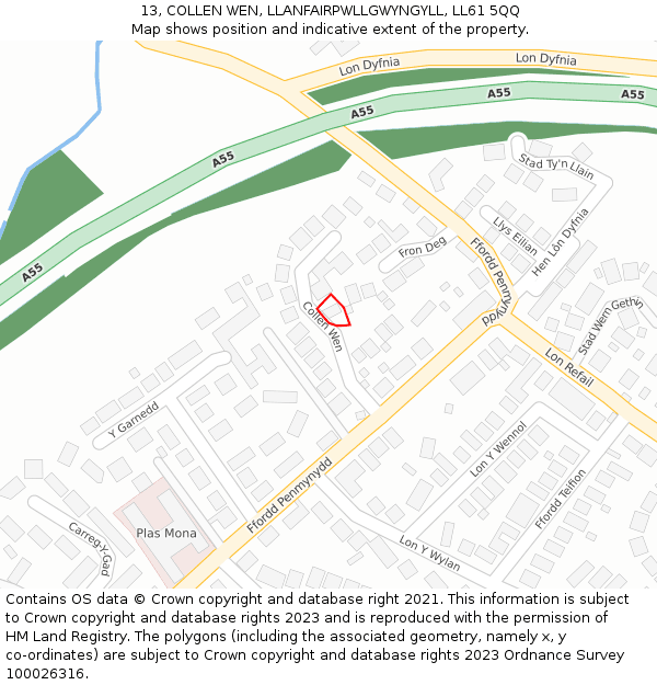 13, COLLEN WEN, LLANFAIRPWLLGWYNGYLL, LL61 5QQ: Location map and indicative extent of plot
