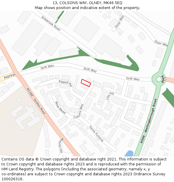 13, COLSONS WAY, OLNEY, MK46 5EQ: Location map and indicative extent of plot