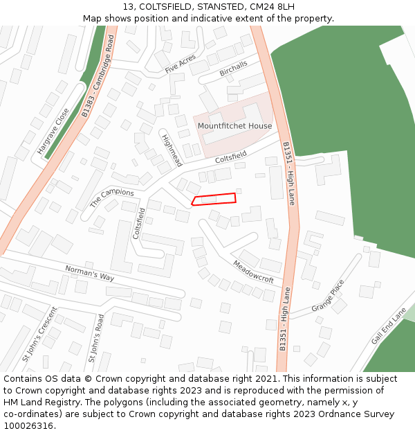 13, COLTSFIELD, STANSTED, CM24 8LH: Location map and indicative extent of plot