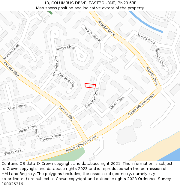 13, COLUMBUS DRIVE, EASTBOURNE, BN23 6RR: Location map and indicative extent of plot