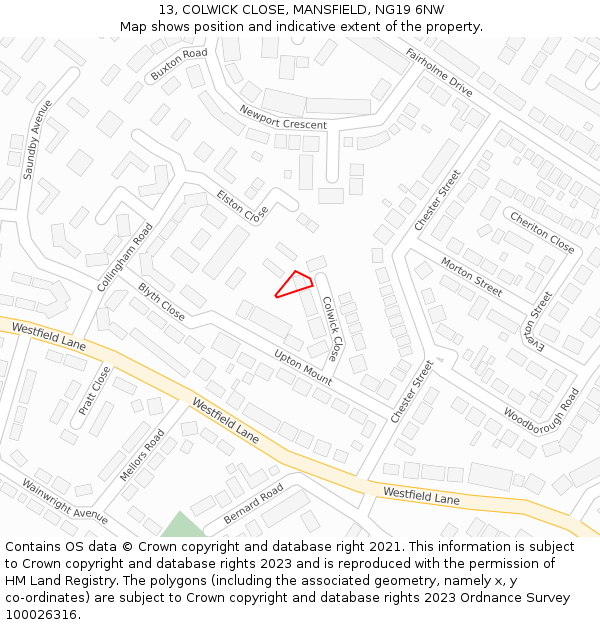 13, COLWICK CLOSE, MANSFIELD, NG19 6NW: Location map and indicative extent of plot