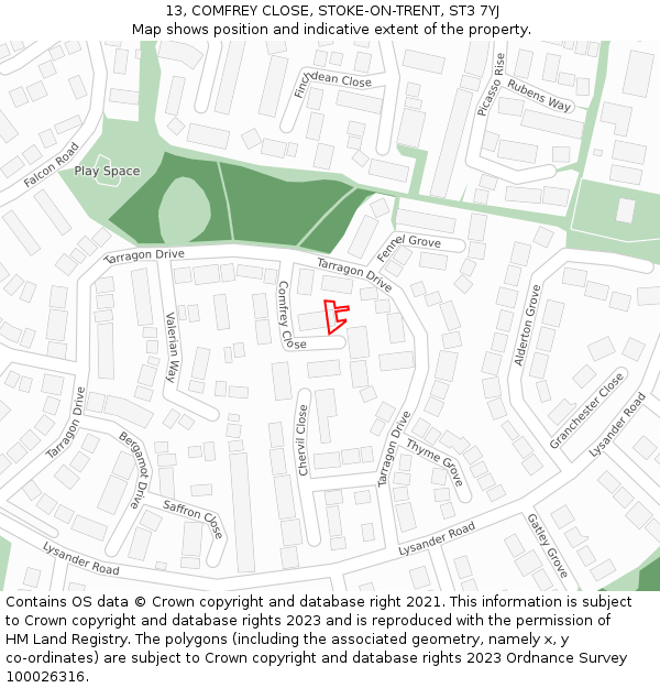 13, COMFREY CLOSE, STOKE-ON-TRENT, ST3 7YJ: Location map and indicative extent of plot