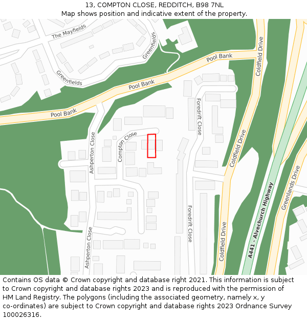 13, COMPTON CLOSE, REDDITCH, B98 7NL: Location map and indicative extent of plot