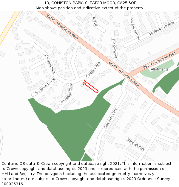 13, CONISTON PARK, CLEATOR MOOR, CA25 5QF: Location map and indicative extent of plot