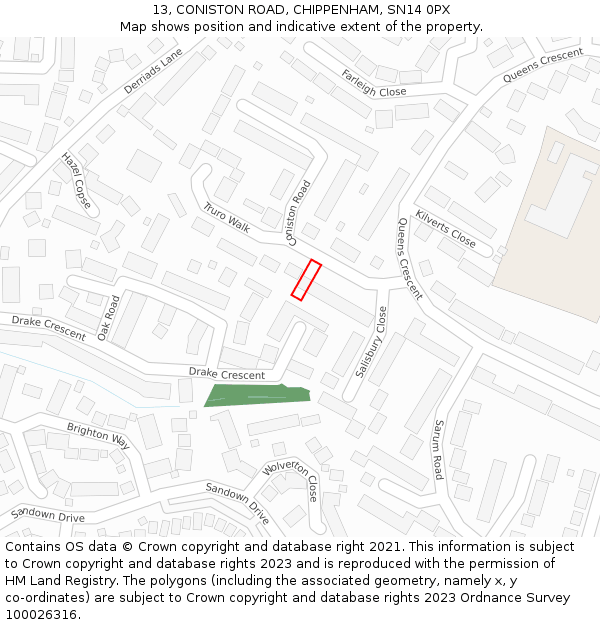 13, CONISTON ROAD, CHIPPENHAM, SN14 0PX: Location map and indicative extent of plot