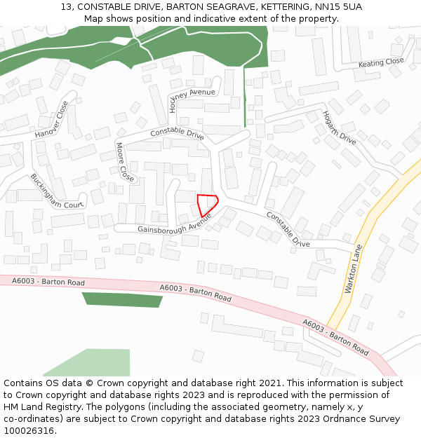 13, CONSTABLE DRIVE, BARTON SEAGRAVE, KETTERING, NN15 5UA: Location map and indicative extent of plot