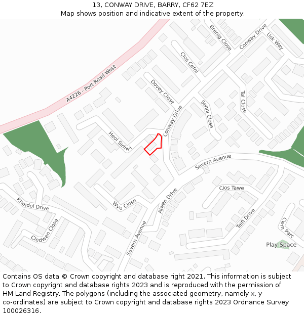 13, CONWAY DRIVE, BARRY, CF62 7EZ: Location map and indicative extent of plot