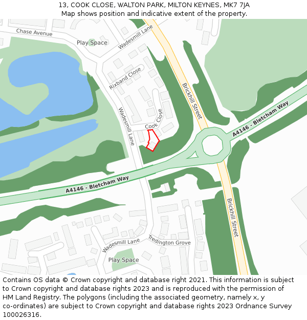 13, COOK CLOSE, WALTON PARK, MILTON KEYNES, MK7 7JA: Location map and indicative extent of plot