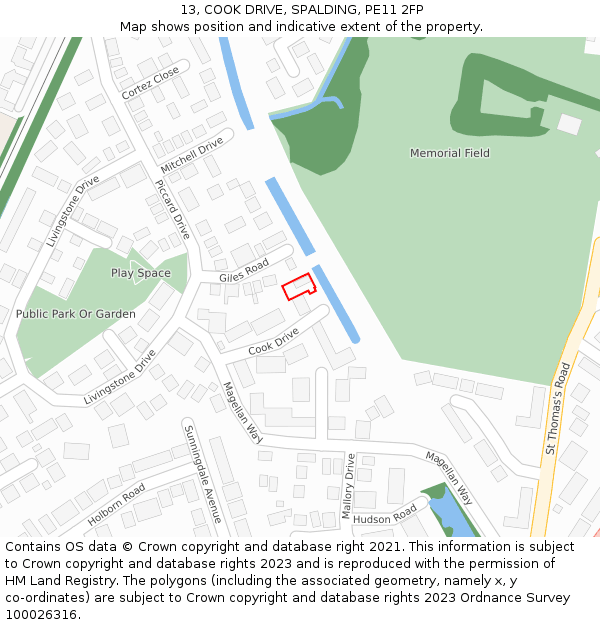 13, COOK DRIVE, SPALDING, PE11 2FP: Location map and indicative extent of plot