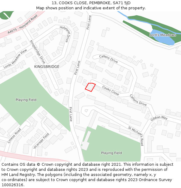 13, COOKS CLOSE, PEMBROKE, SA71 5JD: Location map and indicative extent of plot