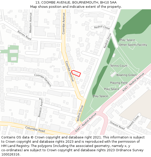 13, COOMBE AVENUE, BOURNEMOUTH, BH10 5AA: Location map and indicative extent of plot