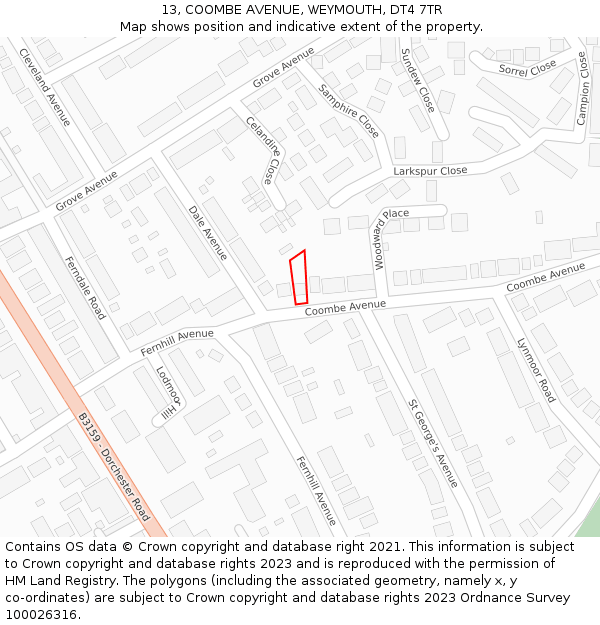 13, COOMBE AVENUE, WEYMOUTH, DT4 7TR: Location map and indicative extent of plot