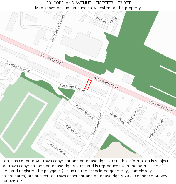 13, COPELAND AVENUE, LEICESTER, LE3 9BT: Location map and indicative extent of plot